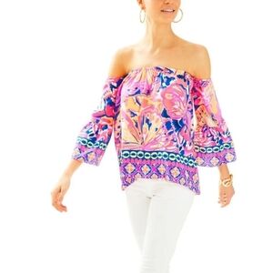 Lilly Pulitzer Size Medium 100% Silk Off Shoulder Bomb Shell Engineered Top